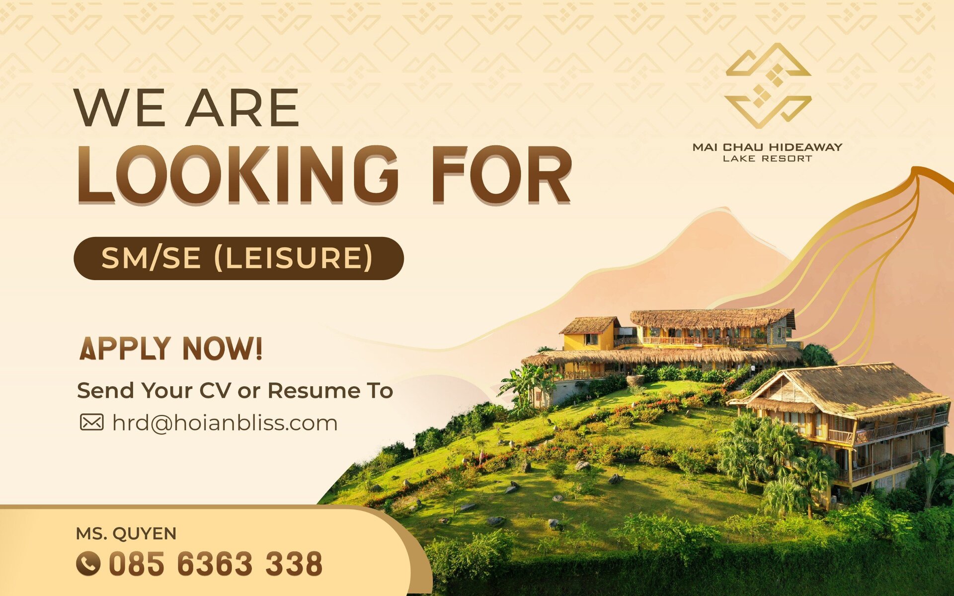 Mai Chau Hideaway Lake Resort tuyển dụng vị trí:  SM/SE (Leisure)