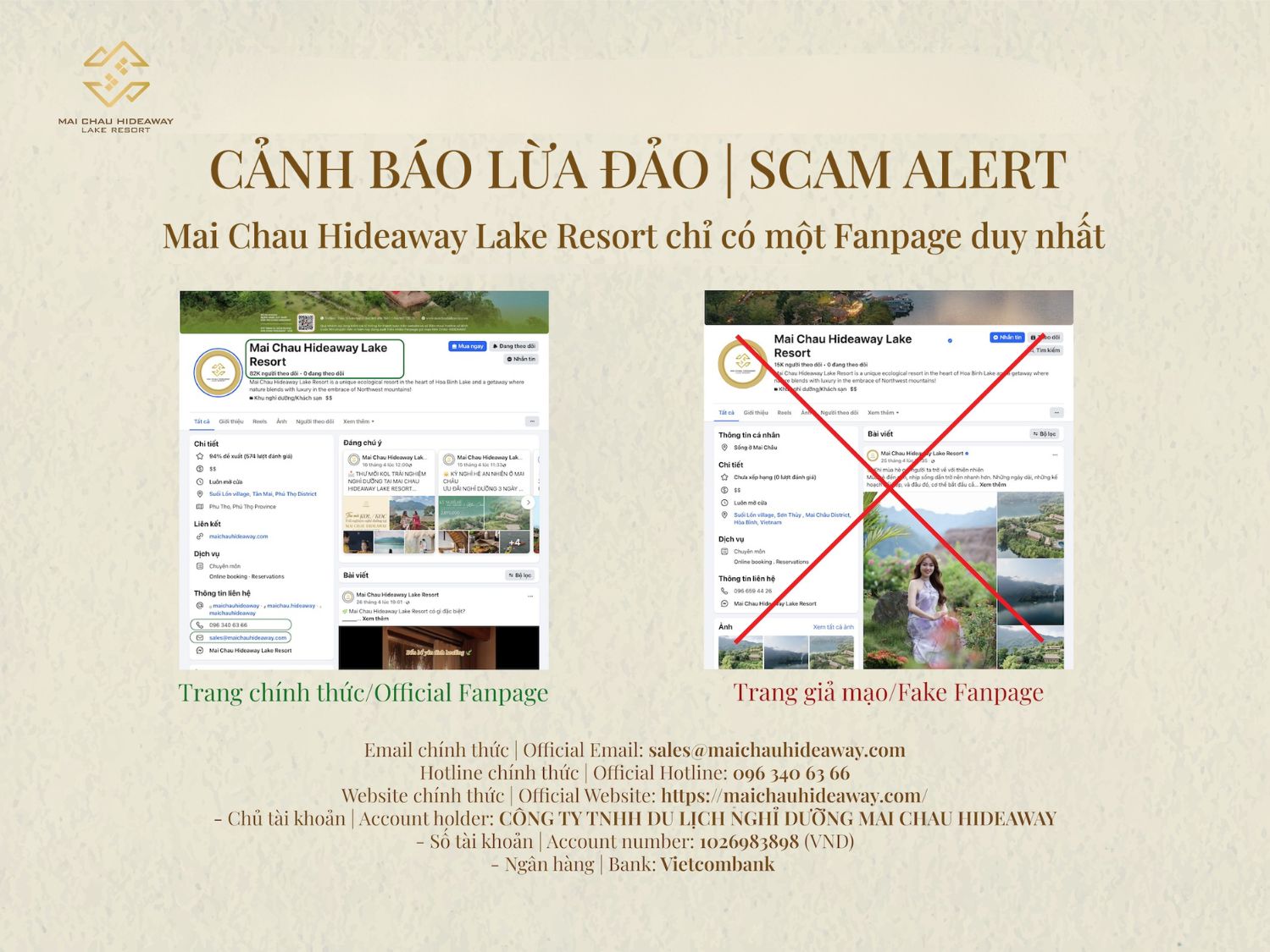 SCAM ALERT REGARDING FAKE FANPAGES OF MAI CHAU HIDEAWAY LAKE RESORT