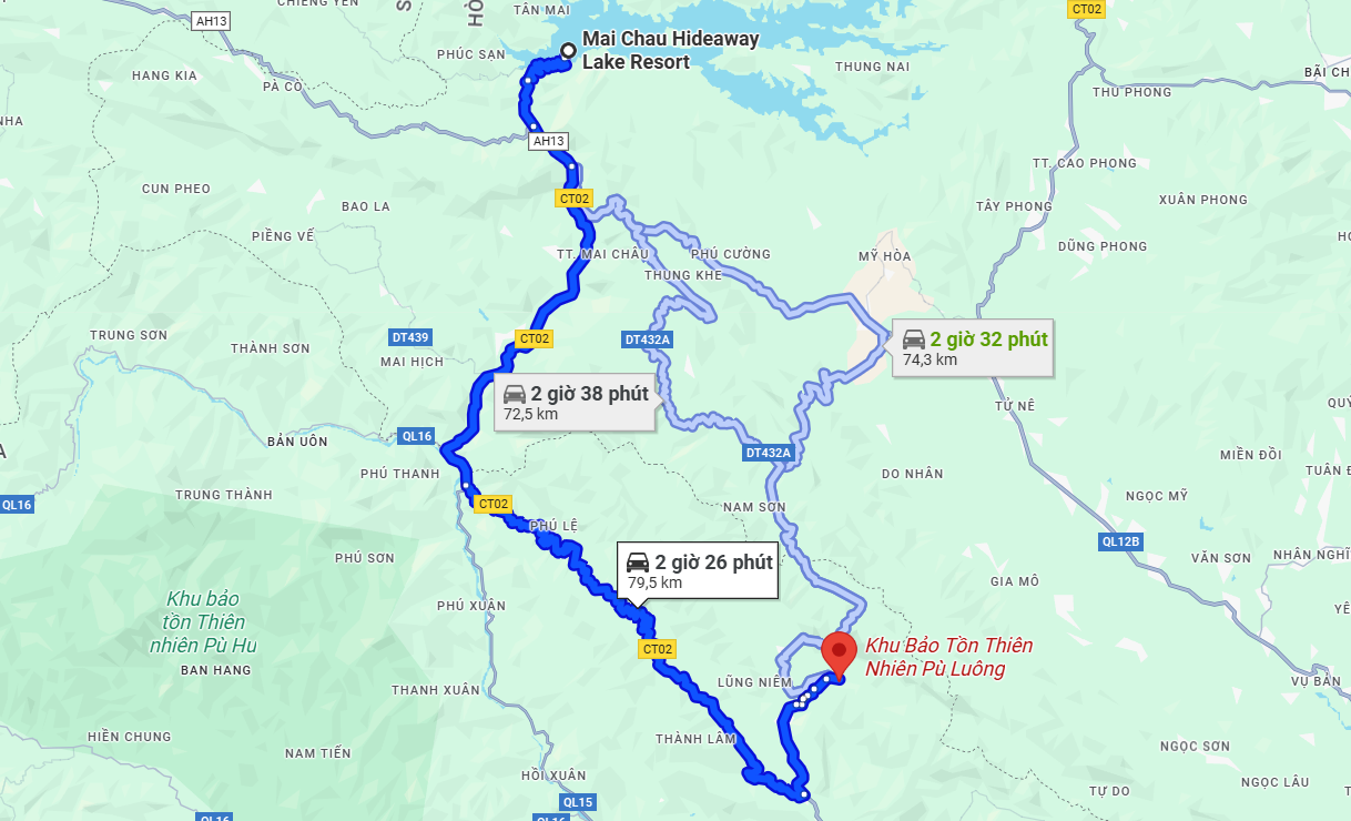 Đường đi từ Mai Châu Hideaway Lake Resort tới khu bảo tồn thiên nhiên Pù Luông