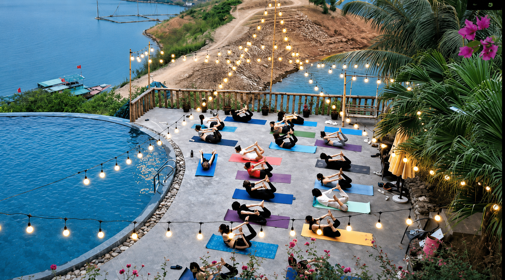 Doing yoga at Mai Chau Hideaway Lake Resort Doing yoga at Mai Chau Hideaway Lake Resort