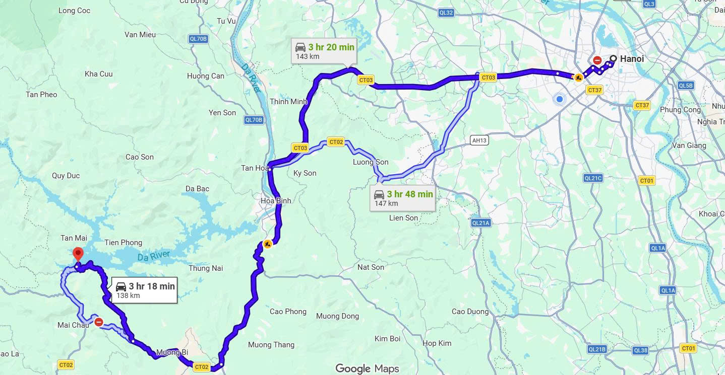 Map showing the driving route from Hanoi to Mai Chau Hideaway Lake Resort