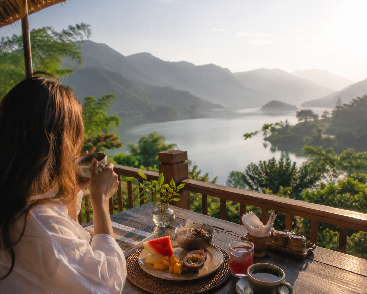 A candid breakfast scene overlooking Ba Khan Lake 