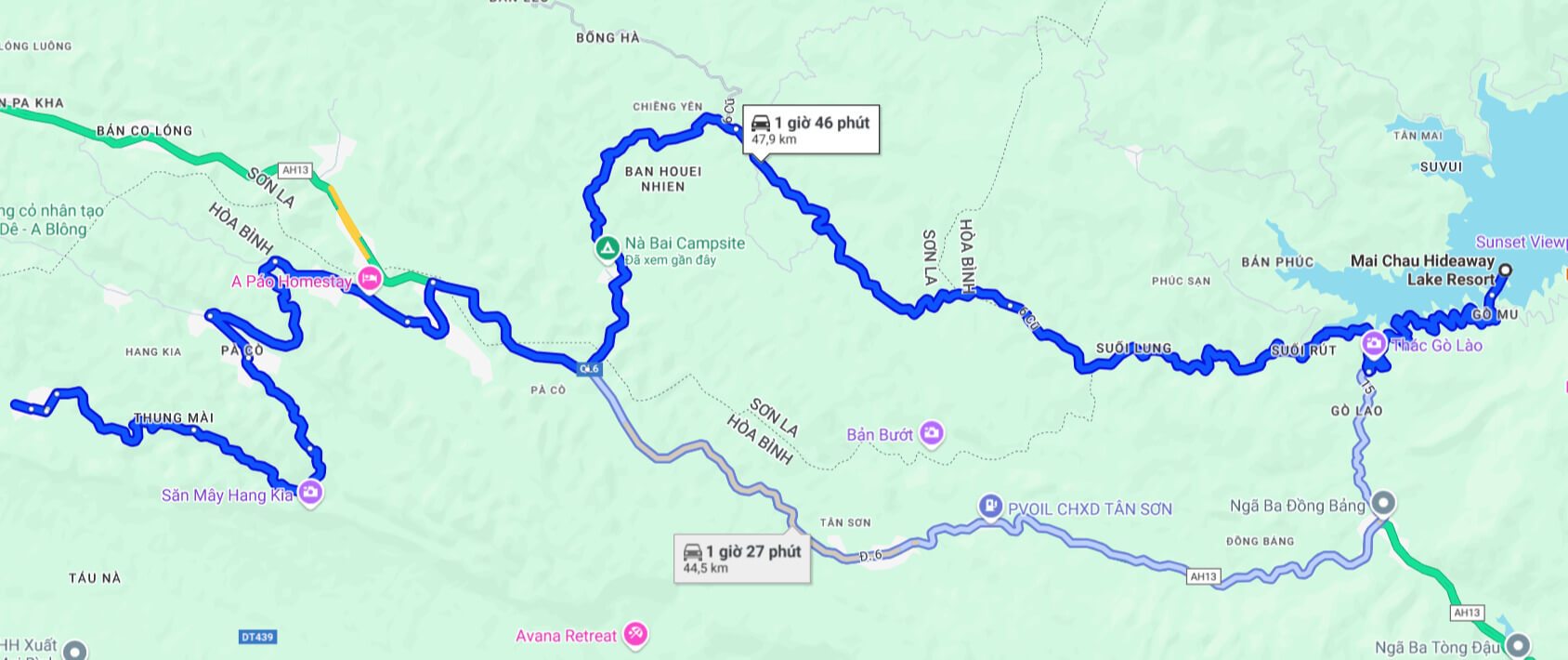 Mai Chau Hideaway cách Thung Mặn khoảng 50km, chủ yếu đi theo tuyến tỉnh lộ 15 và 6 cũ